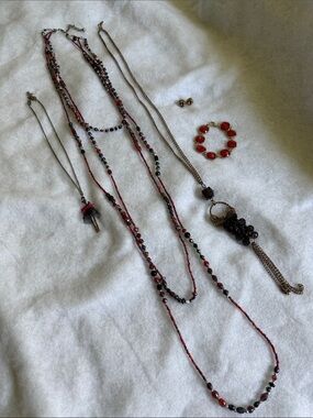 3 Red and Black Layered Beaded Necklace, Earrings and Bracelet Set